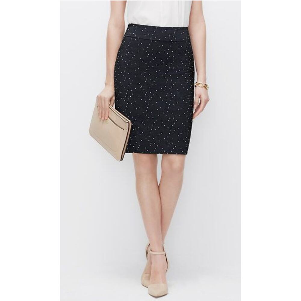 ANN TAYLOR Blue Sz 6 Dot Jacquard Skirt Textured Straight Above Knee Lined Navy - Picture 3 of 12